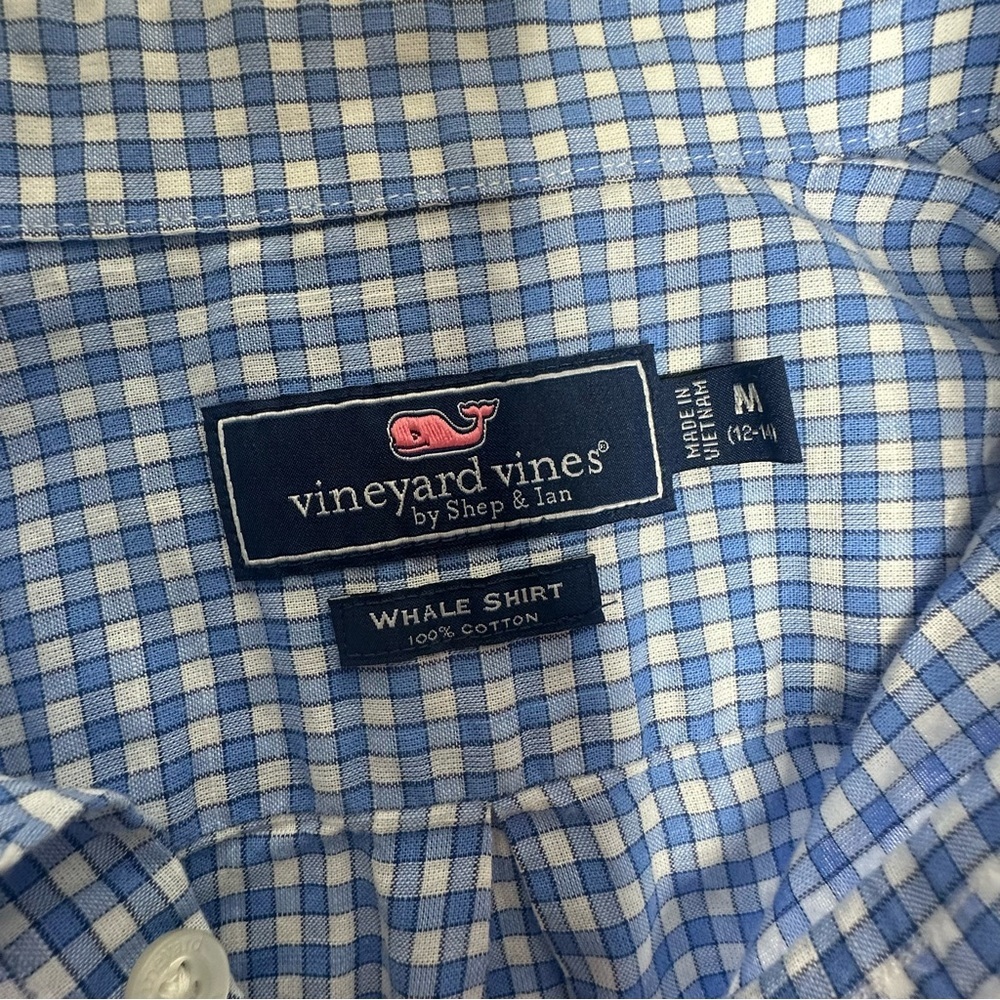 Boys Vineyard Vines Blue Plaid Whale Button Down Shirt m - Picture 4 of 6